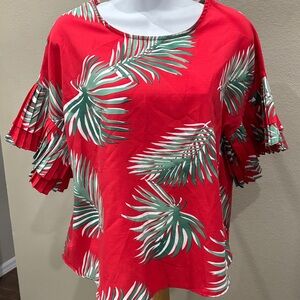 Tropical Leaf Print Blouse with Pleated Sleeves